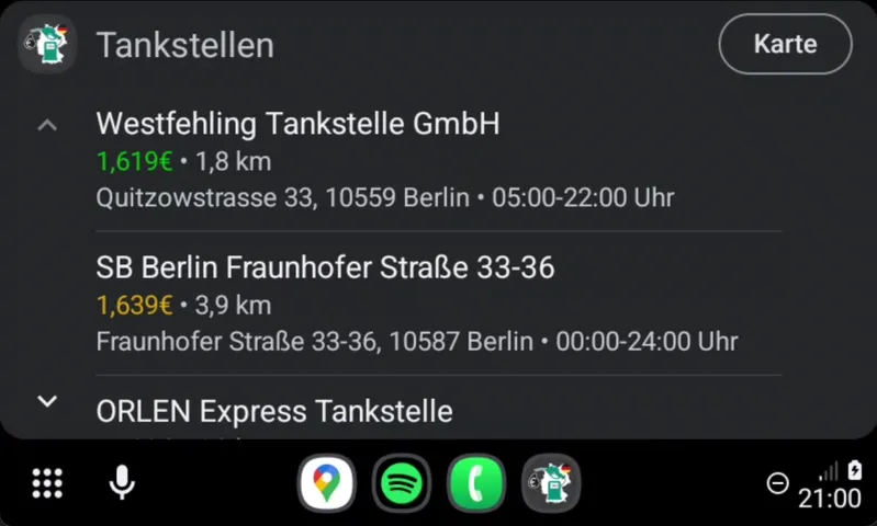 Spritpreise Deutschland on Android Auto listing nearby fuel stations and prices