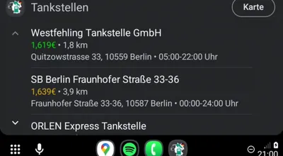 Spritpreise Deutschland on Android Auto listing nearby fuel stations and prices