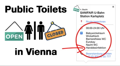 Public Toilets in Vienna app highlighting hand disinfection at Karlsplatz