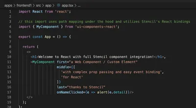 Stencil web components rendered inside a React app with generated React wrappers