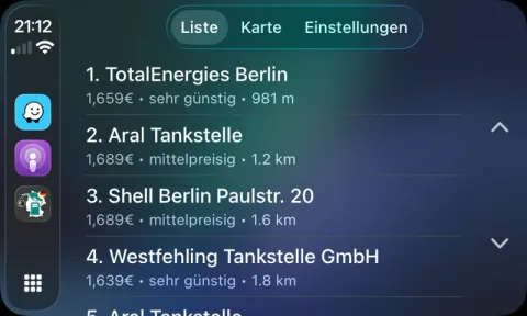 Spritpreise Deutschland list view on Apple CarPlay, ranking nearby stations by price