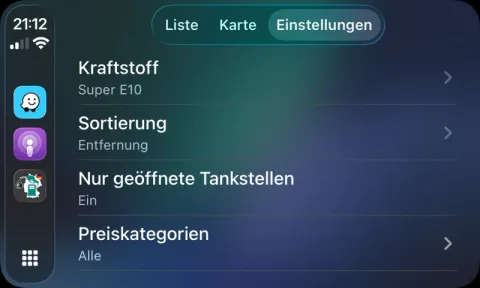 Fuel type and sorting preferences being changed directly in the Apple CarPlay interface