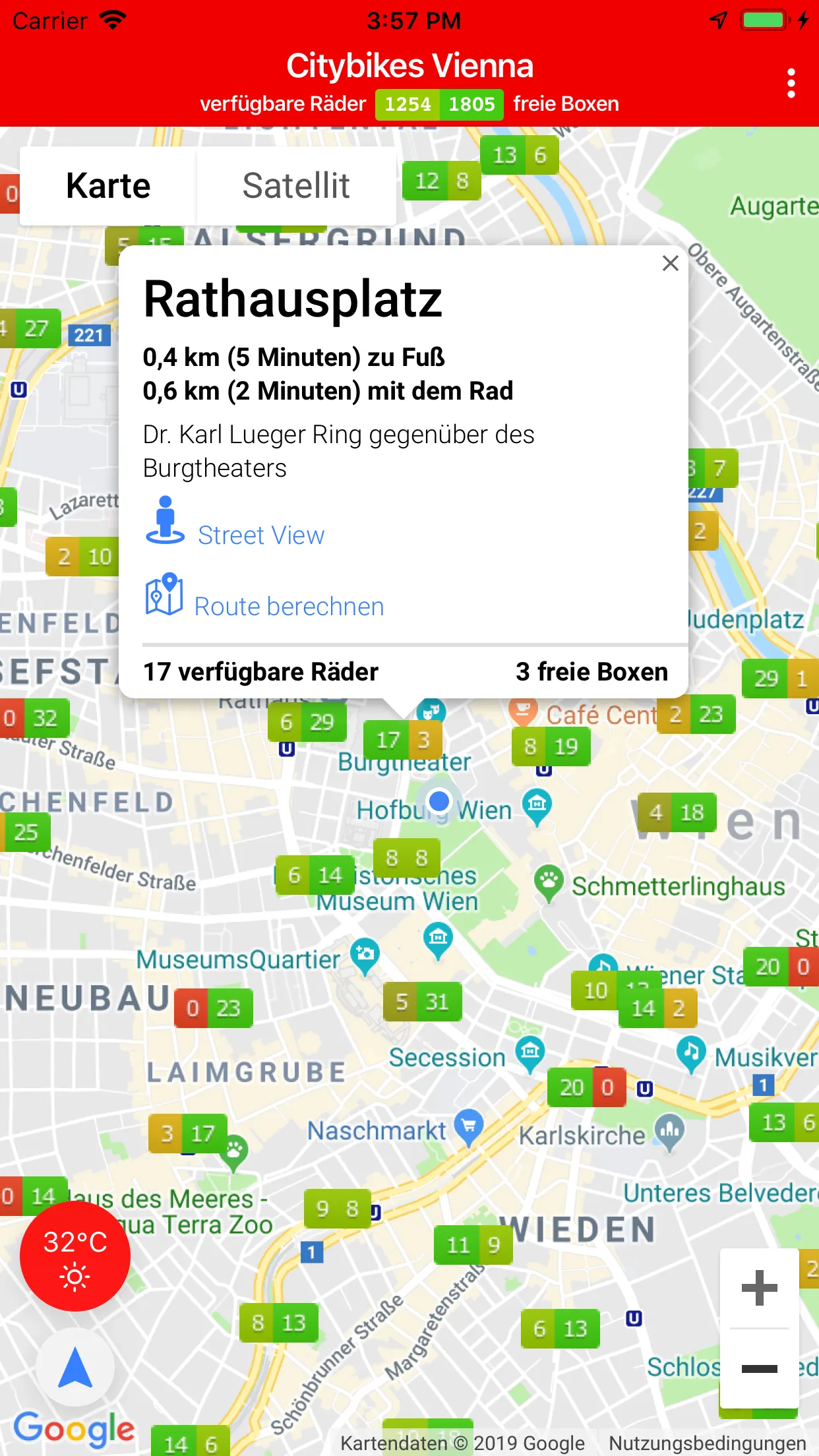 Citybikes Vienna map view with station details