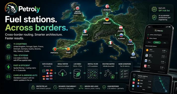 Infographic showing Petroly cross-border routes, supported countries, station search, and the server-side routing architecture
