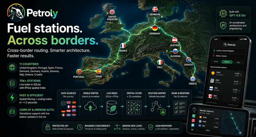 Infographic showing Petroly cross-border routes, supported countries, station search, and the server-side routing architecture