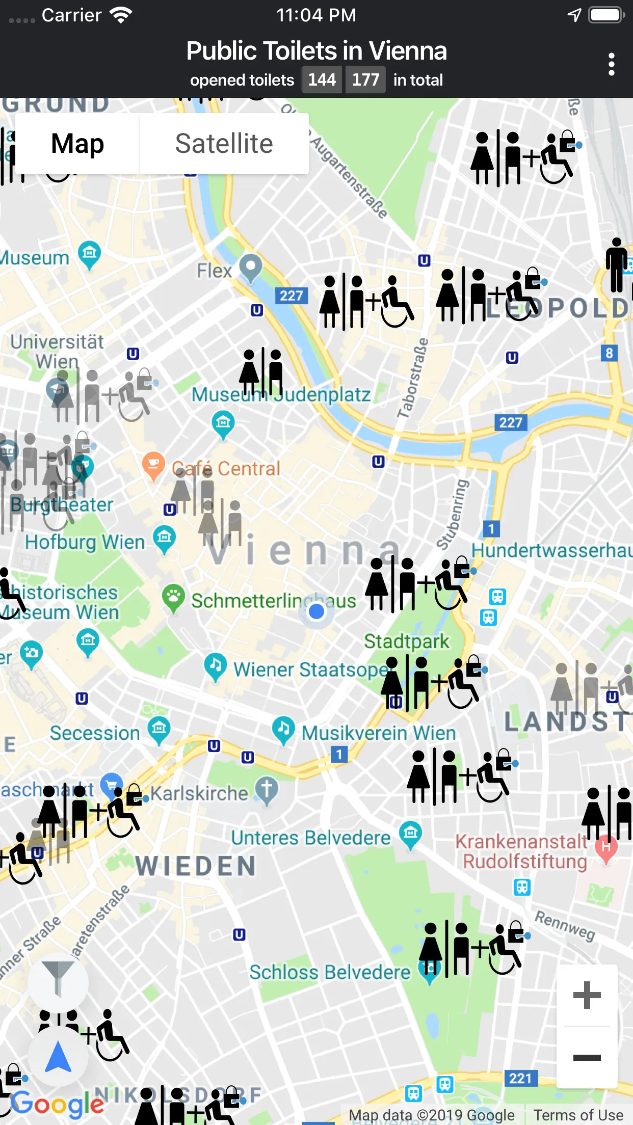 Public Toilets in Vienna: list view