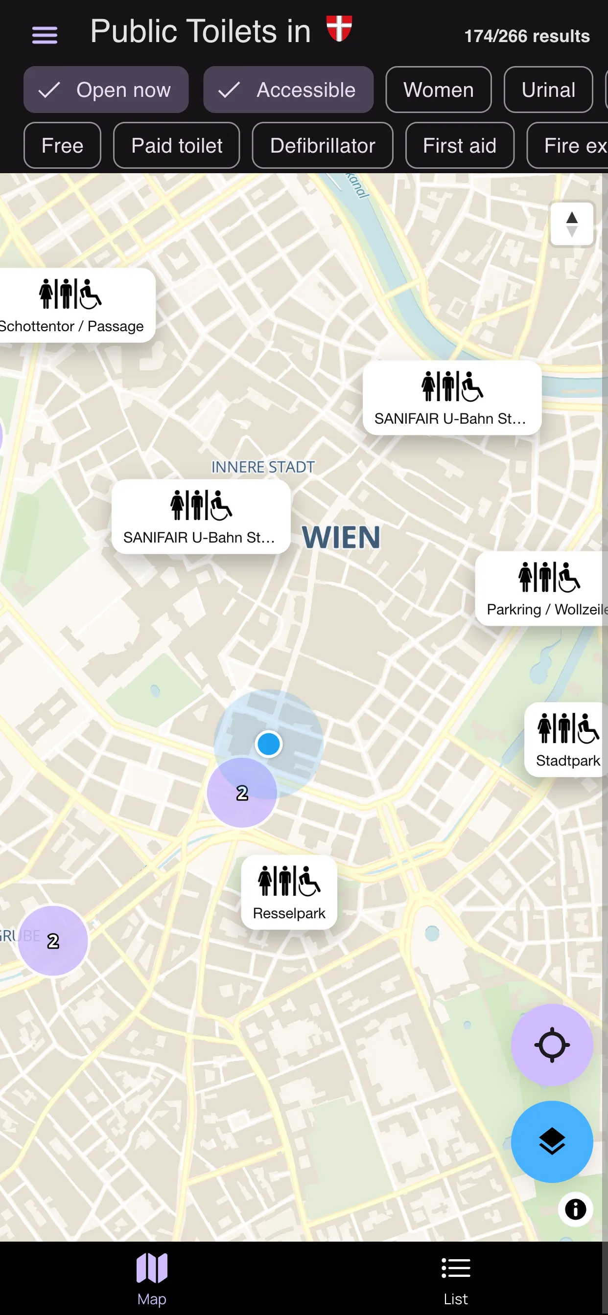 Public Toilets in Vienna map view with filter chips for open now, accessible, women, and urinal