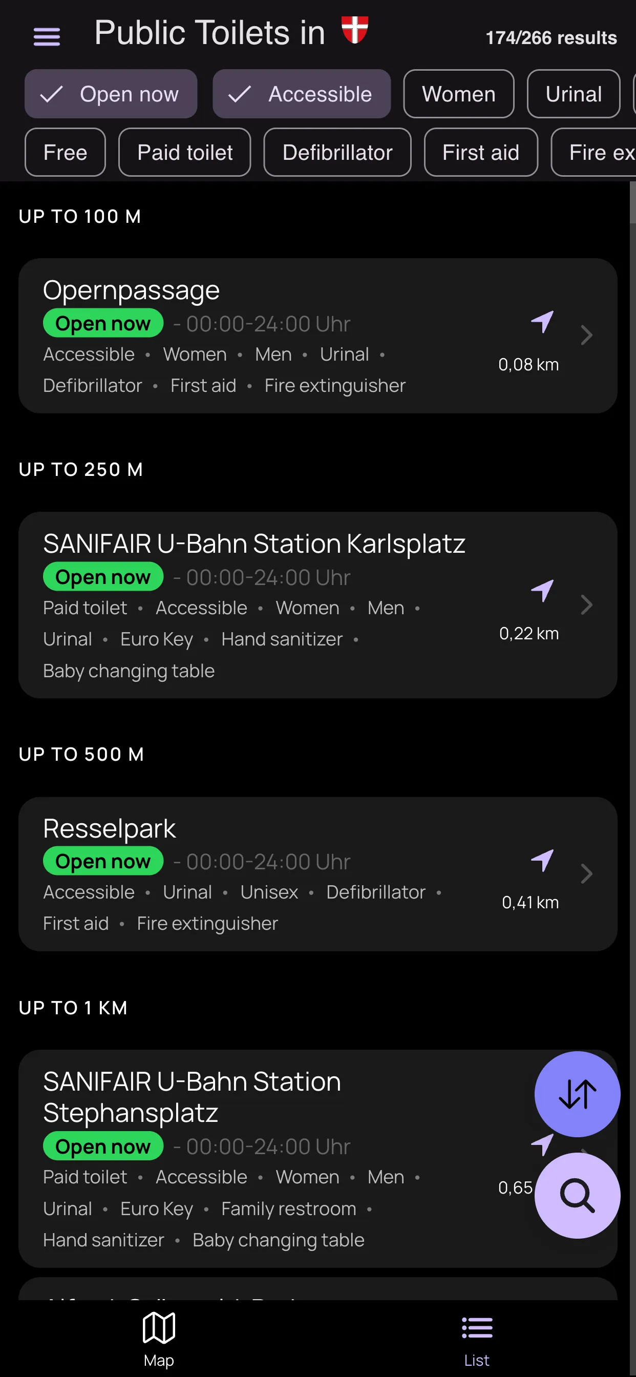 List view sorted by distance, showing open status and facilities for each toilet