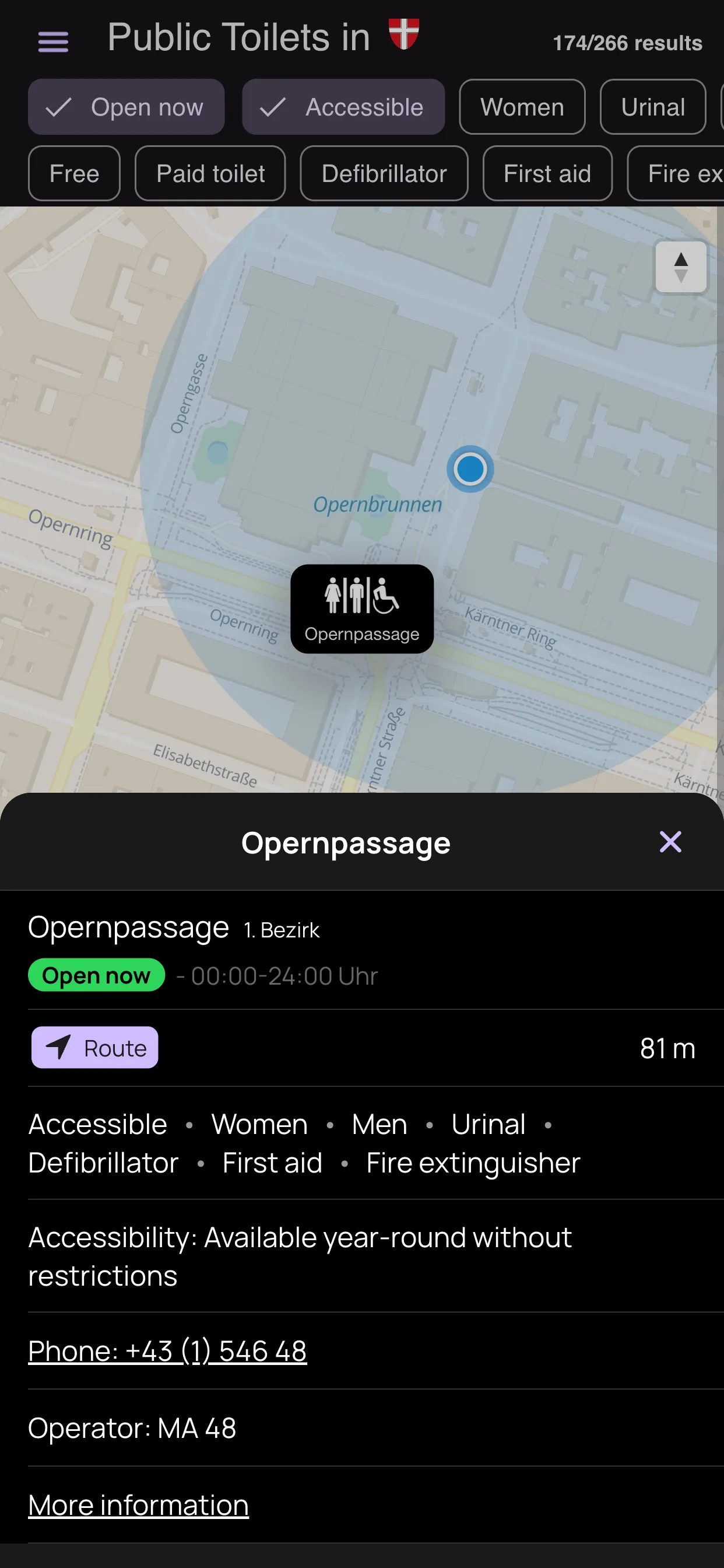 Detail sheet for Opernpassage showing accessibility info, route button, phone number, and operator