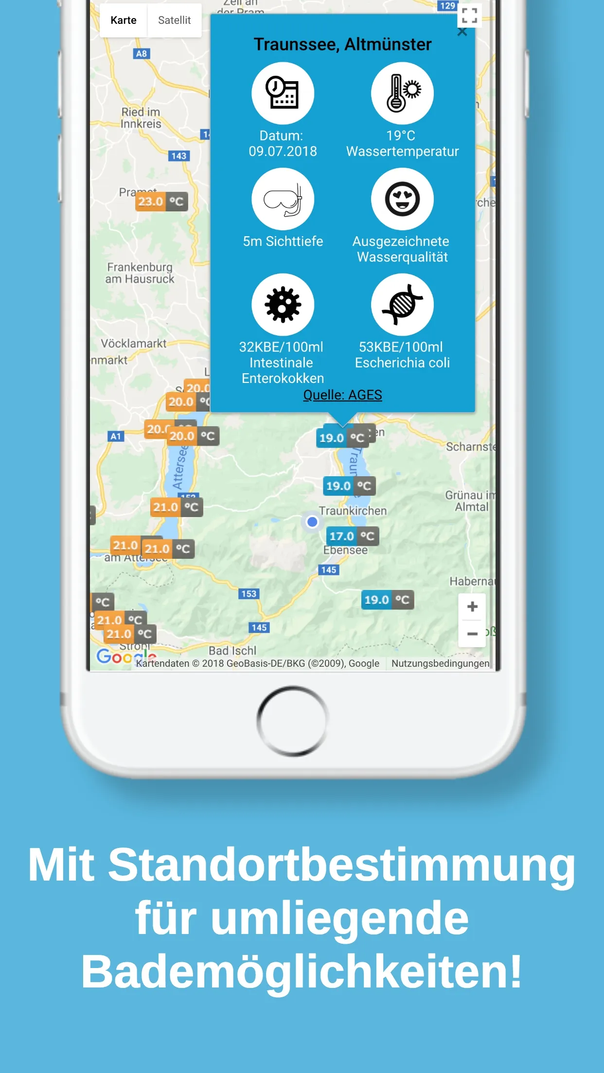 Nearby bathing lakes with distance and conditions